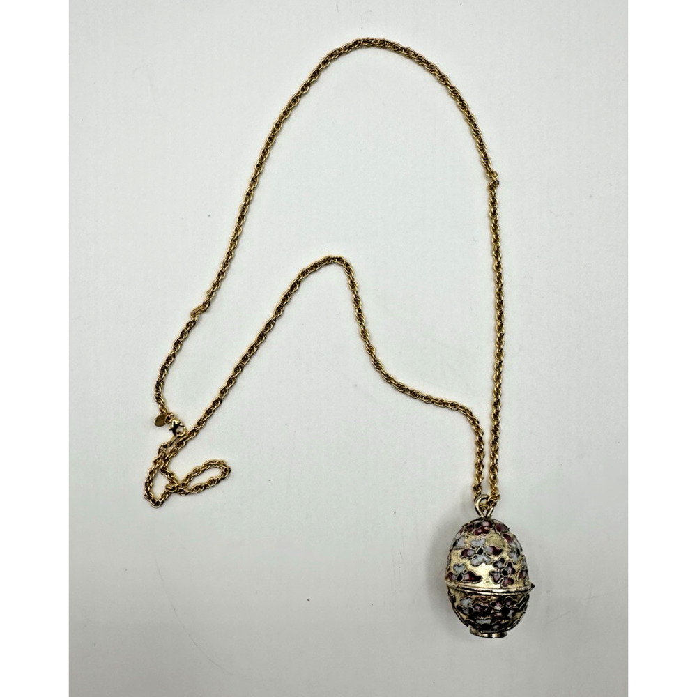 Lindenwold Vintage Cloisonné Floral Egg Pendant Watch Necklace 14KGE Gold Tone